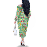 Hawaiian Leis Family Matching Off The Shoulder Long Sleeve Dress and Hawaiian Shirt Kakau Tattoos and Palaka Pastel Green Color