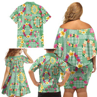 Hawaiian Leis Family Matching Off Shoulder Short Dress and Hawaiian Shirt Kakau Tattoos and Palaka Pastel Green Color