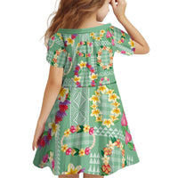 Hawaiian Leis Kid Short Sleeve Dress Kakau Tattoos and Palaka Pastel Green Color LT03 - Polynesian Pride