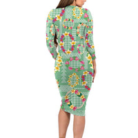 Hawaiian Leis Long Sleeve Bodycon Dress Kakau Tattoos and Palaka Pastel Green Color LT03 - Polynesian Pride