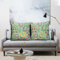 Hawaiian Leis Pillow Cover Kakau Tattoos and Palaka Pastel Green Color
