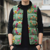 Hawaiian Leis Sleeveless Puffer Jacket Kakau Tattoos and Palaka Pastel Green Color