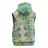 Hawaiian Leis Sleeveless Zip Hoodie Kakau Tattoos and Palaka Pastel Green Color