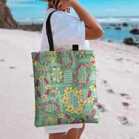 Hawaiian Leis Tote Bag Kakau Tattoos and Palaka Pastel Green Color