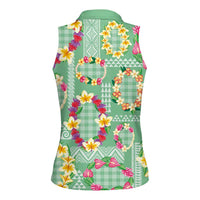 Hawaiian Leis Women Sleeveless Polo Shirt Kakau Tattoos and Palaka Pastel Green Color