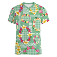 Hawaiian Leis Women V-Neck T-Shirt Kakau Tattoos and Palaka Pastel Green Color