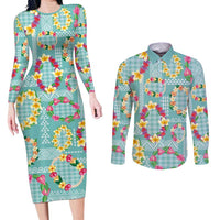 Hawaiian Leis Couples Matching Long Sleeve Bodycon Dress and Long Sleeve Button Shirt Kakau Tattoos and Palaka Pastel Teal Color