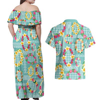 Hawaiian Leis Couples Matching Off Shoulder Maxi Dress and Hawaiian Shirt Kakau Tattoos and Palaka Pastel Teal Color