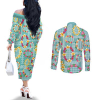 Hawaiian Leis Couples Matching Off The Shoulder Long Sleeve Dress and Long Sleeve Button Shirt Kakau Tattoos and Palaka Pastel Teal Color