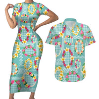Hawaiian Leis Couples Matching Short Sleeve Bodycon Dress and Hawaiian Shirt Kakau Tattoos and Palaka Pastel Teal Color