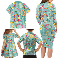Hawaiian Leis Family Matching Long Sleeve Bodycon Dress and Hawaiian Shirt Kakau Tattoos and Palaka Pastel Teal Color