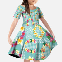Hawaiian Leis Family Matching Off Shoulder Maxi Dress and Hawaiian Shirt Kakau Tattoos and Palaka Pastel Teal Color