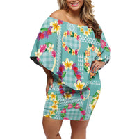 Hawaiian Leis Family Matching Off Shoulder Short Dress and Hawaiian Shirt Kakau Tattoos and Palaka Pastel Teal Color