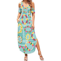 Hawaiian Leis Family Matching Summer Maxi Dress and Hawaiian Shirt Kakau Tattoos and Palaka Pastel Teal Color