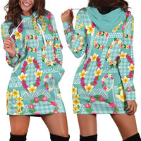 Hawaiian Leis Hoodie Dress Kakau Tattoos and Palaka Pastel Teal Color