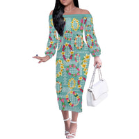 Hawaiian Leis Off The Shoulder Long Sleeve Dress Kakau Tattoos and Palaka Pastel Teal Color LT03 Women Teal - Polynesian Pride