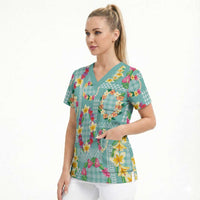 Hawaiian Leis Scrub Top Kakau Tattoos and Palaka Pastel Teal Color LT03 - Polynesian Pride