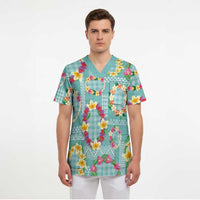 Hawaiian Leis Scrub Top Kakau Tattoos and Palaka Pastel Teal Color LT03 - Polynesian Pride