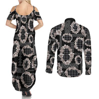 Hawaiian Leis Couples Matching Summer Maxi Dress and Long Sleeve Button Shirt Kakau Tattoos and Palaka Pastel Grayscale