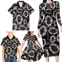 Hawaiian Leis Family Matching Long Sleeve Bodycon Dress and Hawaiian Shirt Kakau Tattoos and Palaka Pastel Grayscale