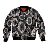 Hawaiian Leis Sleeve Zip Bomber Jacket Kakau Tattoos and Palaka Pastel Grayscale LT03 Unisex Black - Polynesian Pride