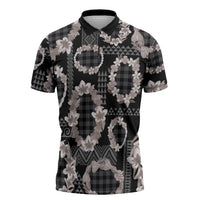Hawaiian Leis Zipper Polo Shirt Kakau Tattoos and Palaka Pastel Grayscale