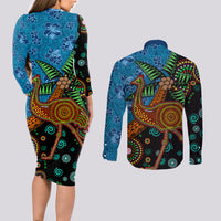 Fiji and Australia Couples Matching Long Sleeve Bodycon Dress and Long Sleeve Button Shirt Palm Tree and Abogirinal Emu