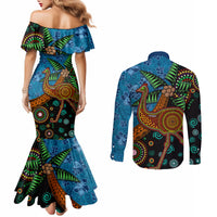 Fiji and Australia Couples Matching Mermaid Dress and Long Sleeve Button Shirt Palm Tree and Abogirinal Emu