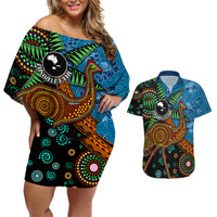 Fiji and Australia Couples Matching Off Shoulder Short Dress and Hawaiian Shirt Palm Tree and Abogirinal Emu LT03 Blue - Polynesian Pride