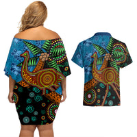 Fiji and Australia Couples Matching Off Shoulder Short Dress and Hawaiian Shirt Palm Tree and Abogirinal Emu LT03 - Polynesian Pride