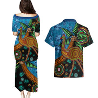 Fiji and Australia Couples Matching Puletasi and Hawaiian Shirt Palm Tree and Abogirinal Emu