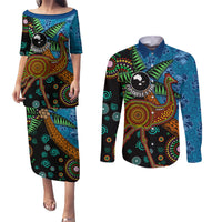 Fiji and Australia Couples Matching Puletasi and Long Sleeve Button Shirt Palm Tree and Abogirinal Emu LT03 Blue - Polynesian Pride