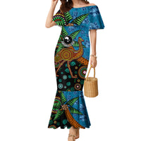Fiji and Australia Mermaid Dress Palm Tree and Abogirinal Emu LT03 Women Blue - Polynesian Pride