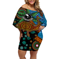 Fiji and Australia Off Shoulder Short Dress Palm Tree and Abogirinal Emu LT03 Women Blue - Polynesian Pride
