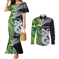 New Zealand Koru Natural Couples Matching Mermaid Dress and Long Sleeve Button Shirt Manaia and Silver Fern Maori Pattern LT03 Black - Polynesian Pride