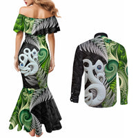 New Zealand Koru Natural Couples Matching Mermaid Dress and Long Sleeve Button Shirt Manaia and Silver Fern Maori Pattern LT03 - Polynesian Pride