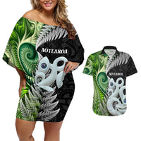 New Zealand Koru Natural Couples Matching Off Shoulder Short Dress and Hawaiian Shirt Manaia and Silver Fern Maori Pattern LT03 Black - Polynesian Pride