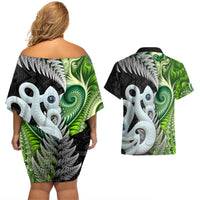 New Zealand Koru Natural Couples Matching Off Shoulder Short Dress and Hawaiian Shirt Manaia and Silver Fern Maori Pattern LT03 - Polynesian Pride