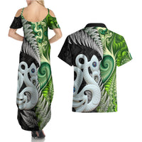 New Zealand Koru Natural Couples Matching Summer Maxi Dress and Hawaiian Shirt Manaia and Silver Fern Maori Pattern LT03 - Polynesian Pride
