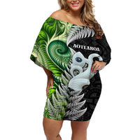 New Zealand Koru Natural Off Shoulder Short Dress Manaia and Silver Fern Maori Pattern LT03 Women Black - Polynesian Pride