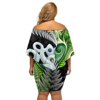 New Zealand Koru Natural Off Shoulder Short Dress Manaia and Silver Fern Maori Pattern LT03 - Polynesian Pride