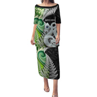 New Zealand Koru Natural Puletasi Manaia and Silver Fern Maori Pattern LT03 Long Dress Black - Polynesian Pride
