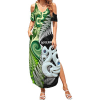 New Zealand Koru Natural Summer Maxi Dress Manaia and Silver Fern Maori Pattern LT03 Women Black - Polynesian Pride