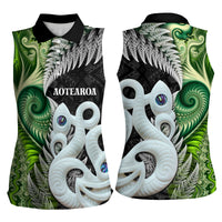 New Zealand Koru Natural Women Sleeveless Polo Shirt Manaia and Silver Fern Maori Pattern