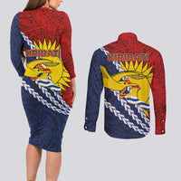 Kiribati Independence Day Couples Matching Long Sleeve Bodycon Dress and Long Sleeve Button Shirt Polynesian and Melanesian Art Tattoo