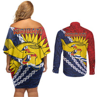 Kiribati Independence Day Couples Matching Off Shoulder Short Dress and Long Sleeve Button Shirt Polynesian and Melanesian Art Tattoo