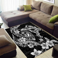 Guam Dolphins Tribal Tattoo Area Rug Polynesian Art and Tropical Flower Grayscale