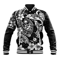 Guam Dolphins Tribal Tattoo Baseball Jacket Polynesian Art and Tropical Flower Grayscale