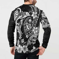 Guam Dolphins Tribal Tattoo Button Sweatshirt Polynesian Art and Tropical Flower Grayscale