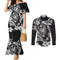 Guam Dolphins Tribal Tattoo Couples Matching Mermaid Dress and Long Sleeve Button Shirt Polynesian Art and Tropical Flower Grayscale